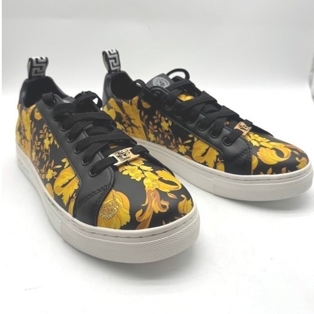 Versace Womens Barocco Medusa Sneakers Black Gold Leather IT 38 US 8 Luxury